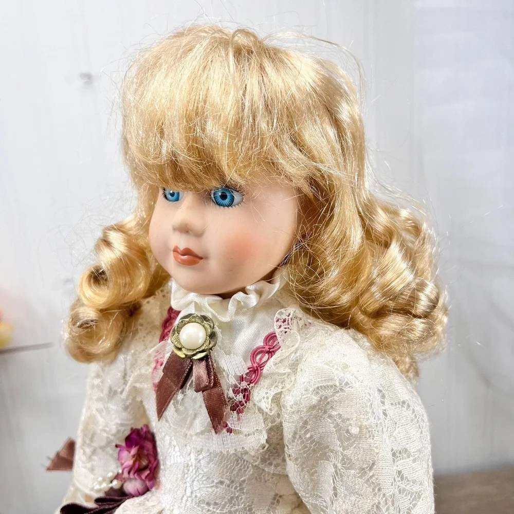 Vintage Porcelain‎ Doll, Painted Face Collectible Doll in Lace Dress